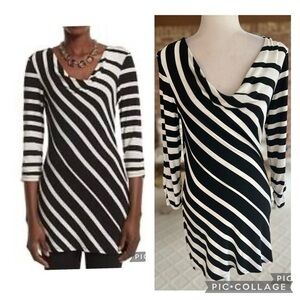 WHBM Top Tunic Striped Draped Neck Black Ecru S Glam Chic Dressy Brunch Work Mod